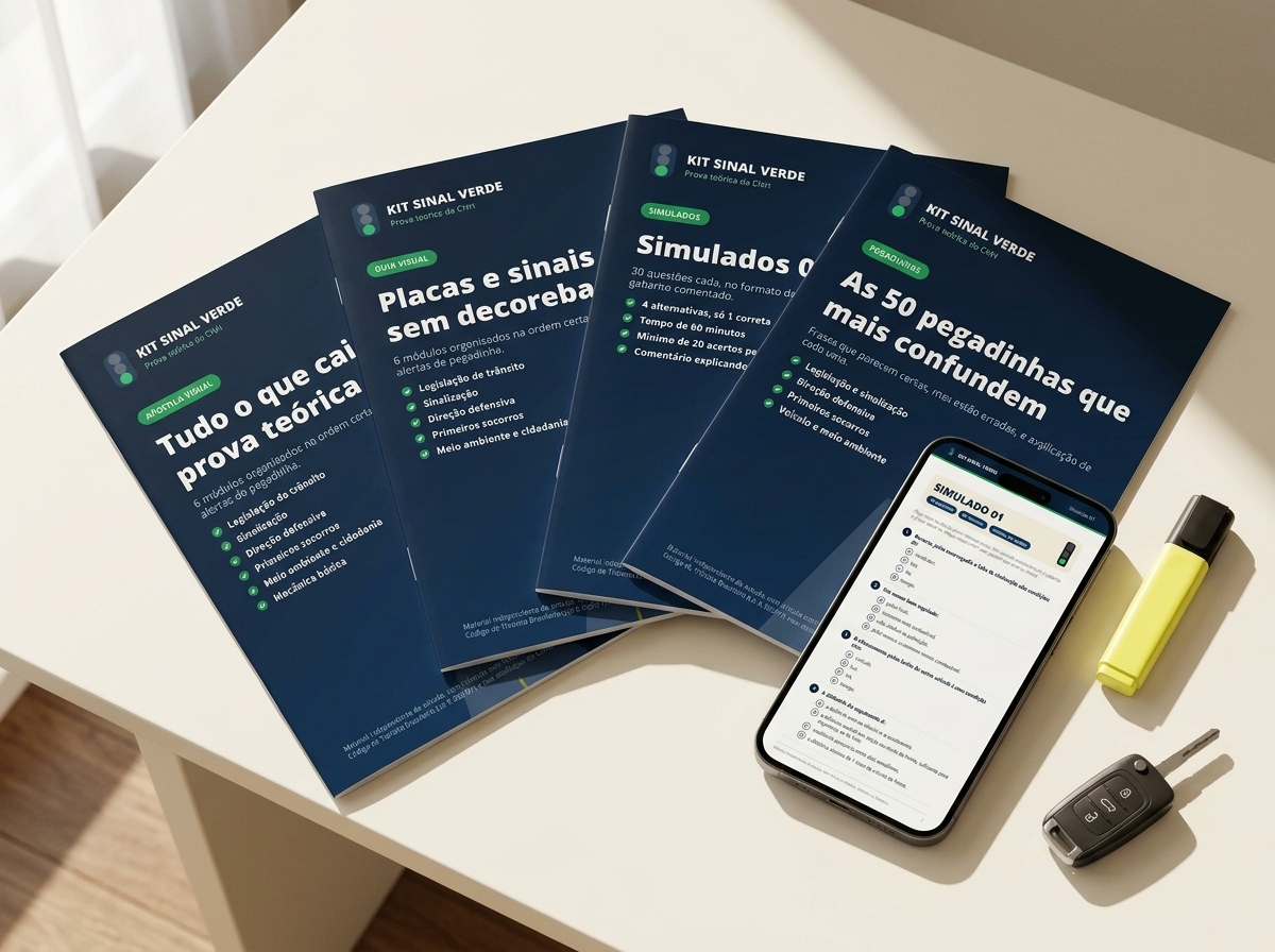 Materiais do Kit Sinal Verde: apostila, guia de placas, simulados e pegadinhas